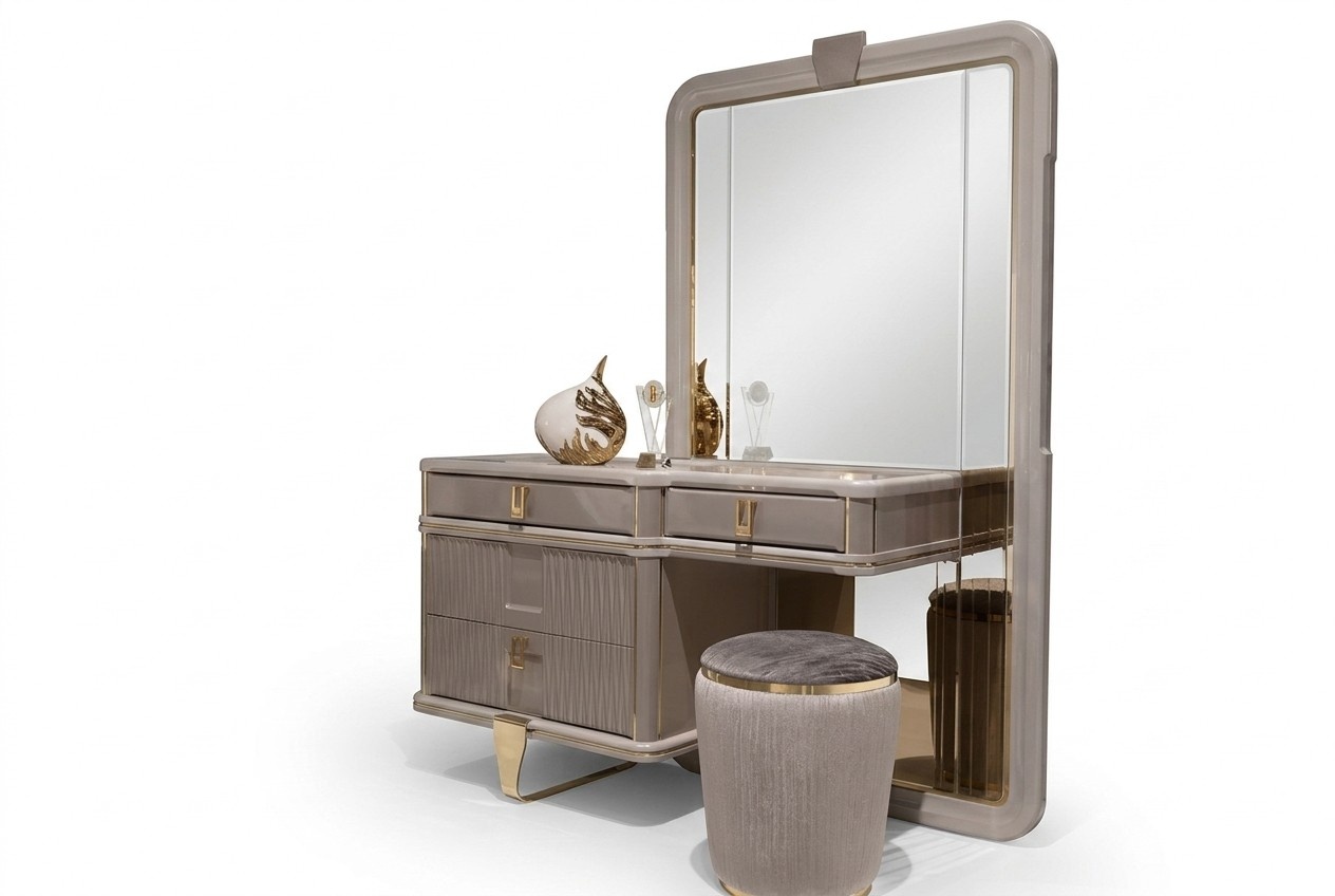Elegant beige wooden vanity with mirror and stool.