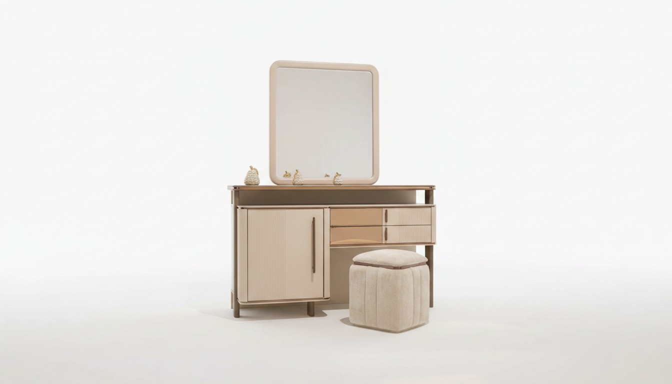 Elegant beige makeup table with mirror and stool made of wood.