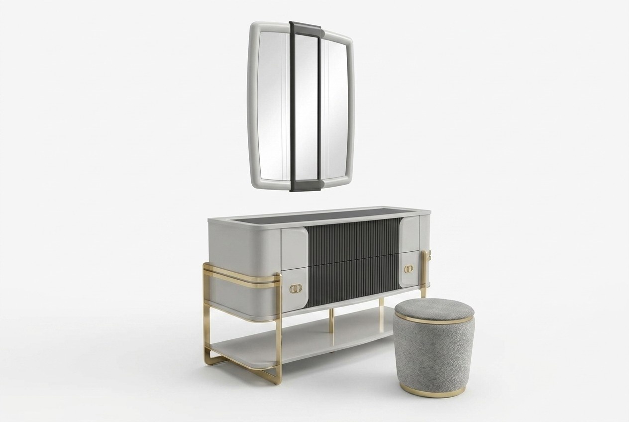 Elegant beige wood vanity table with mirror and stool.