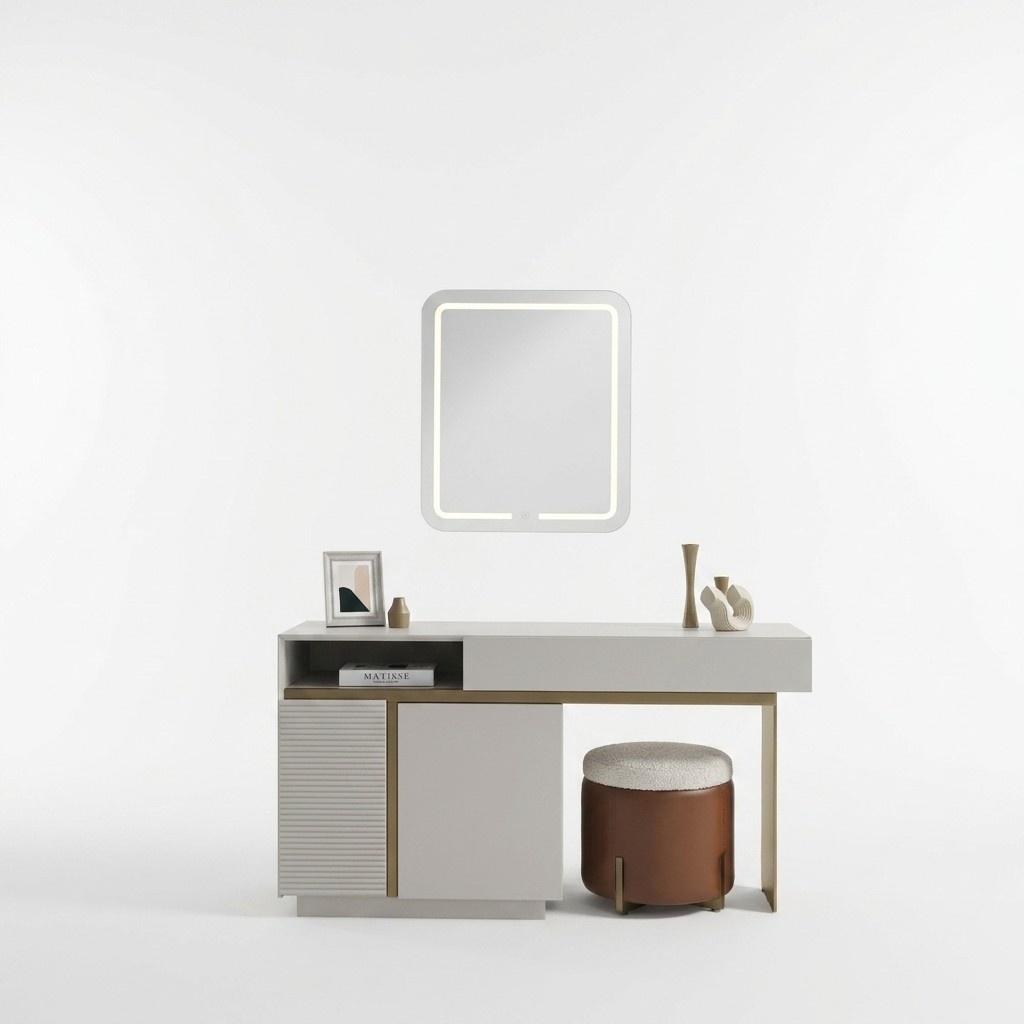 Elegant beige makeup table with mirror and wooden stool.
