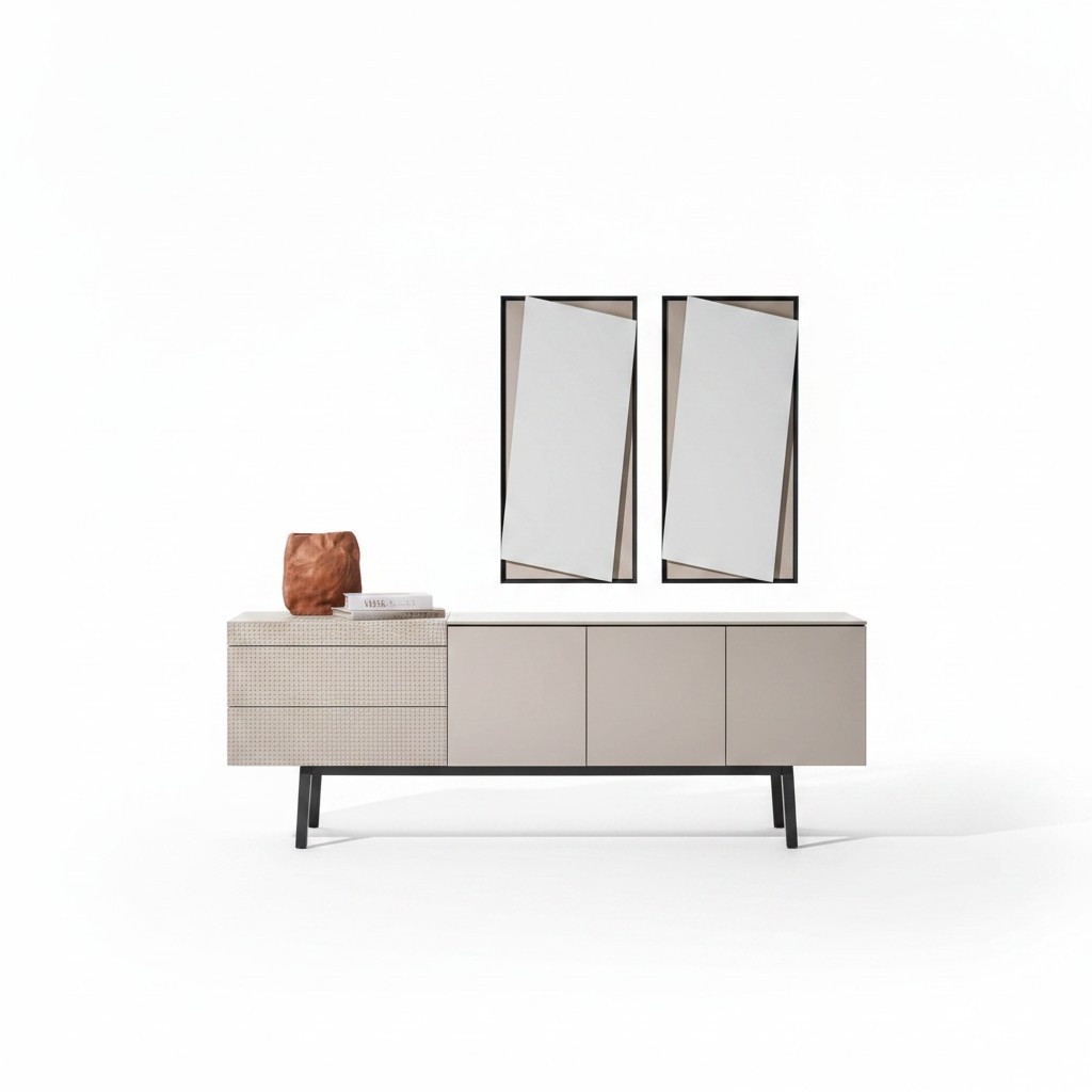 Elegant beige wooden mirror and sideboard set in a modern style.