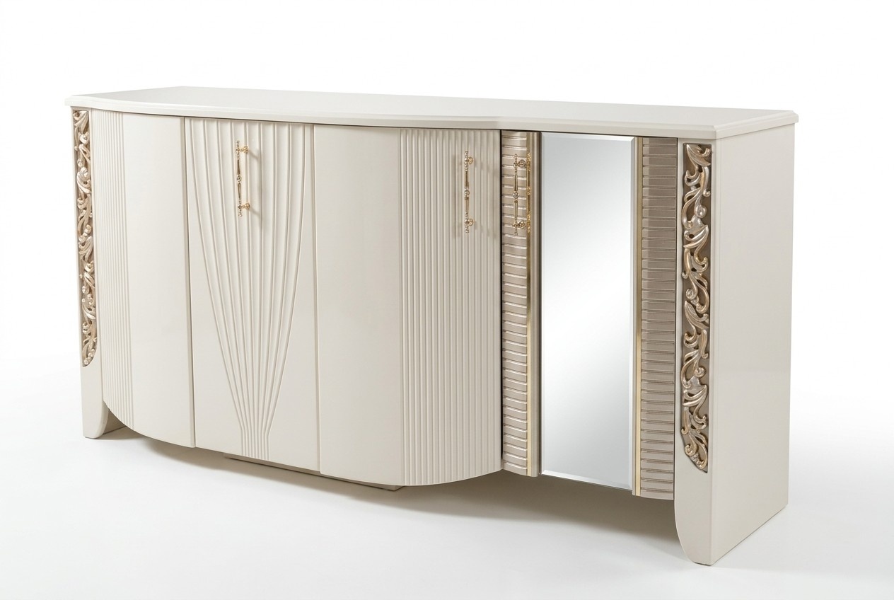 Elegant beige wooden sideboard with mirror in modern design.