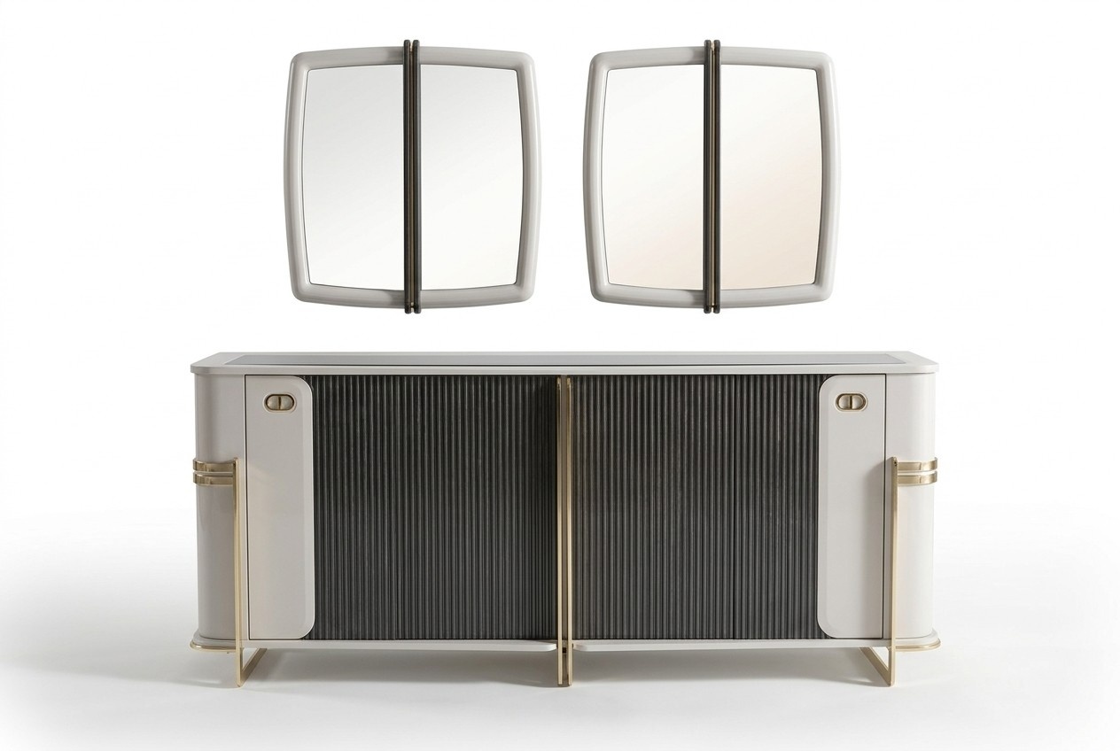 Elegant beige wooden sideboard with mirror in modern design.