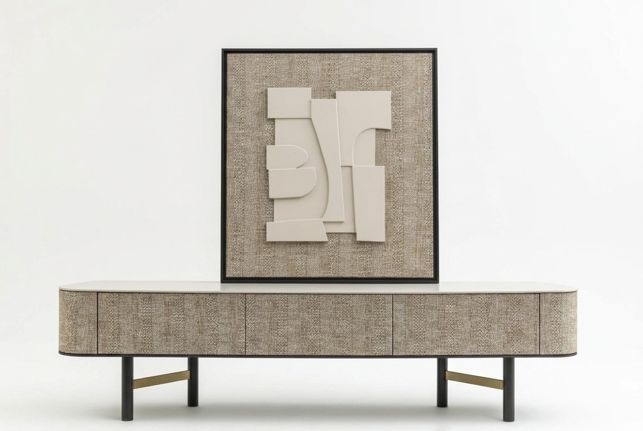 Elegant beige wooden TV stand with artwork in a modern style.