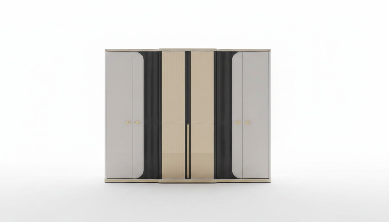 Elegant beige wooden wardrobe in classic style