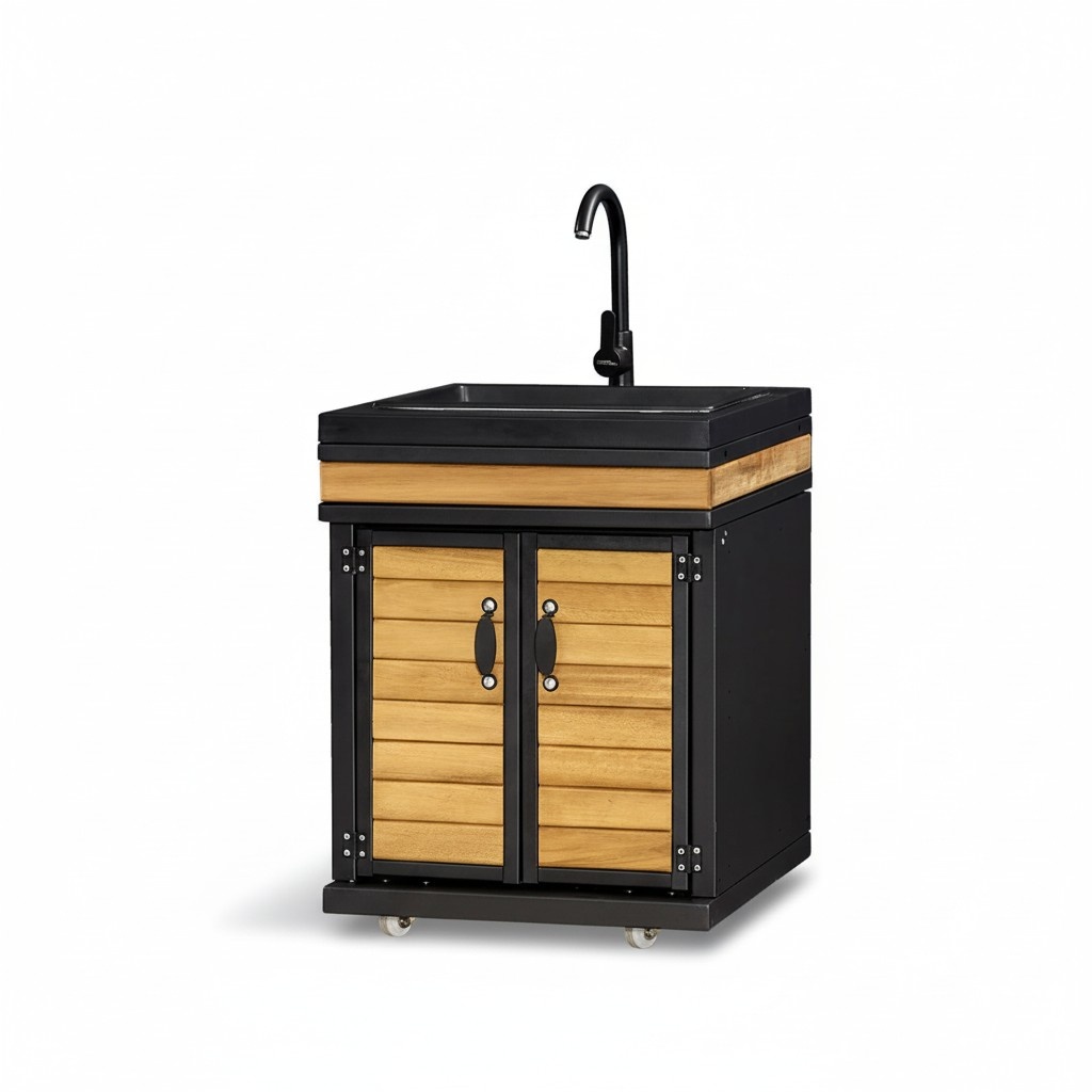 Elegant black outdoor kitchen module made of stainless steel and wood.