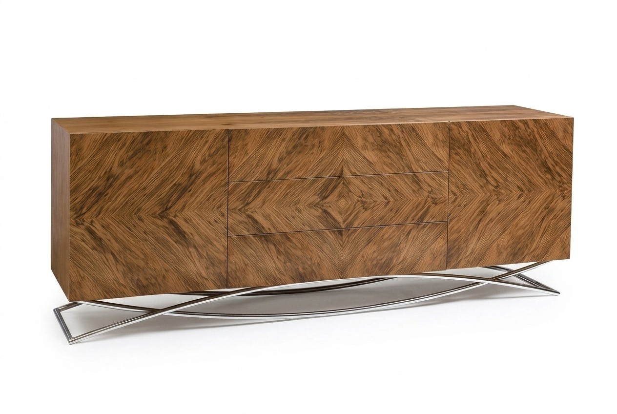 Elegant brown console table made of wood and metal.