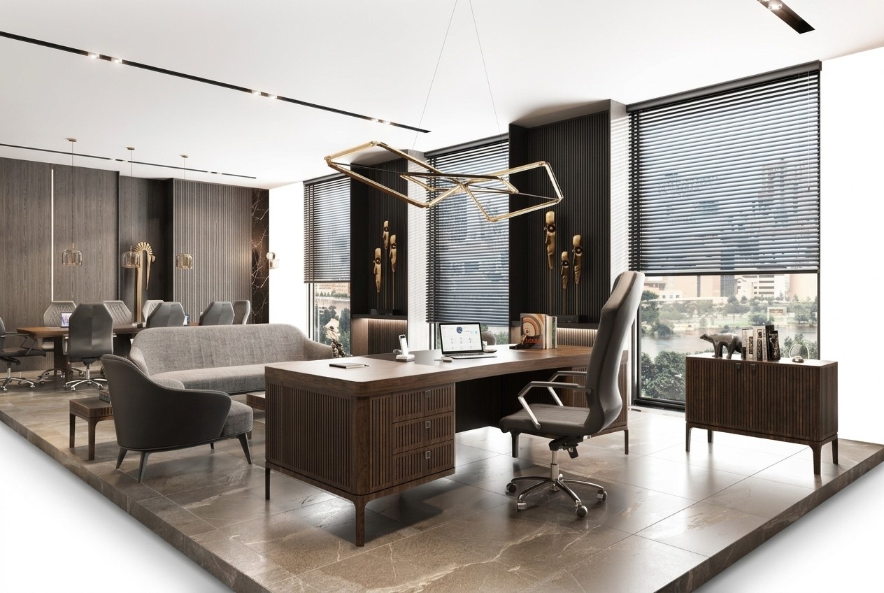 Elegant brown wooden home office set with desk.