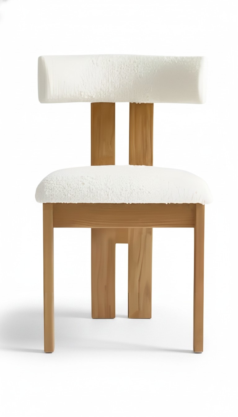 Elegant chair with a wooden frame, featuring a calm design and a padded seat.