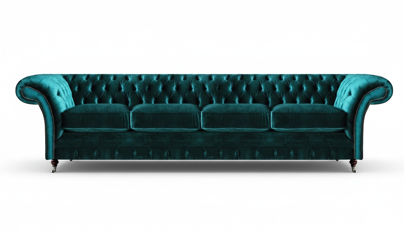 Elegant Chesterfield Green Upholstered Couch Modern Four-Seater Textile Sofa