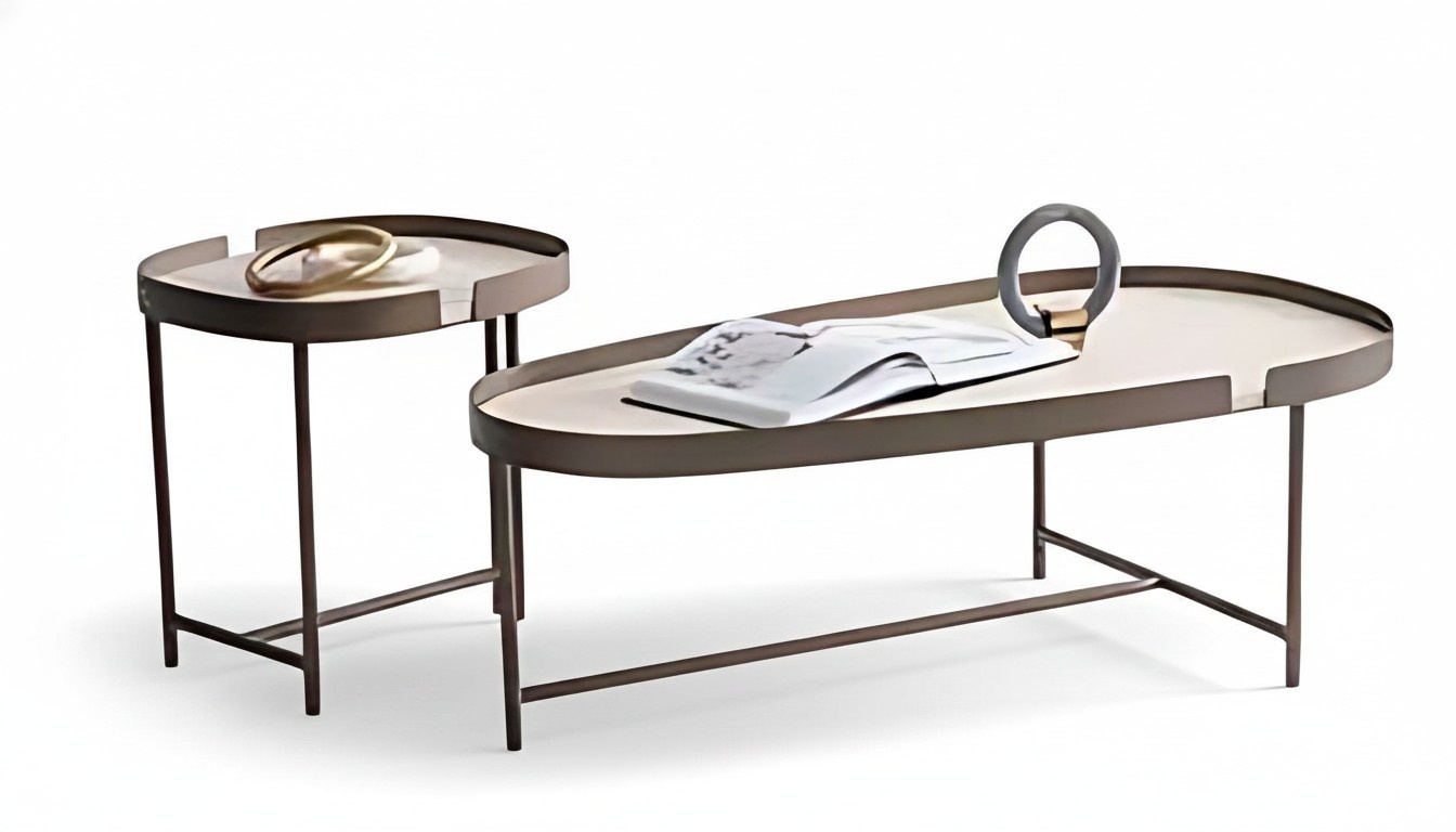 Elegant coffee table with a round shape and a sturdy metal frame.