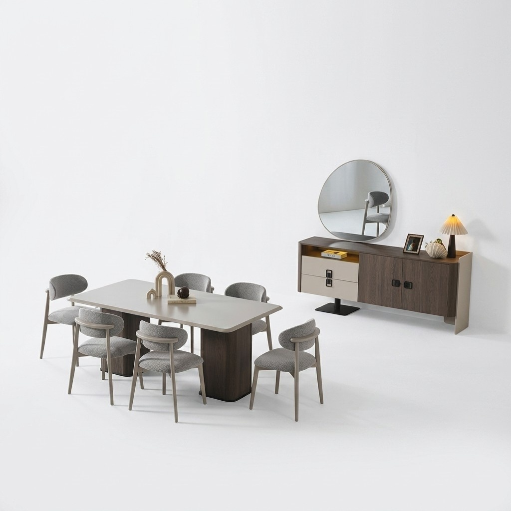 Elegant wooden dining room set in beige with dining table and chairs.