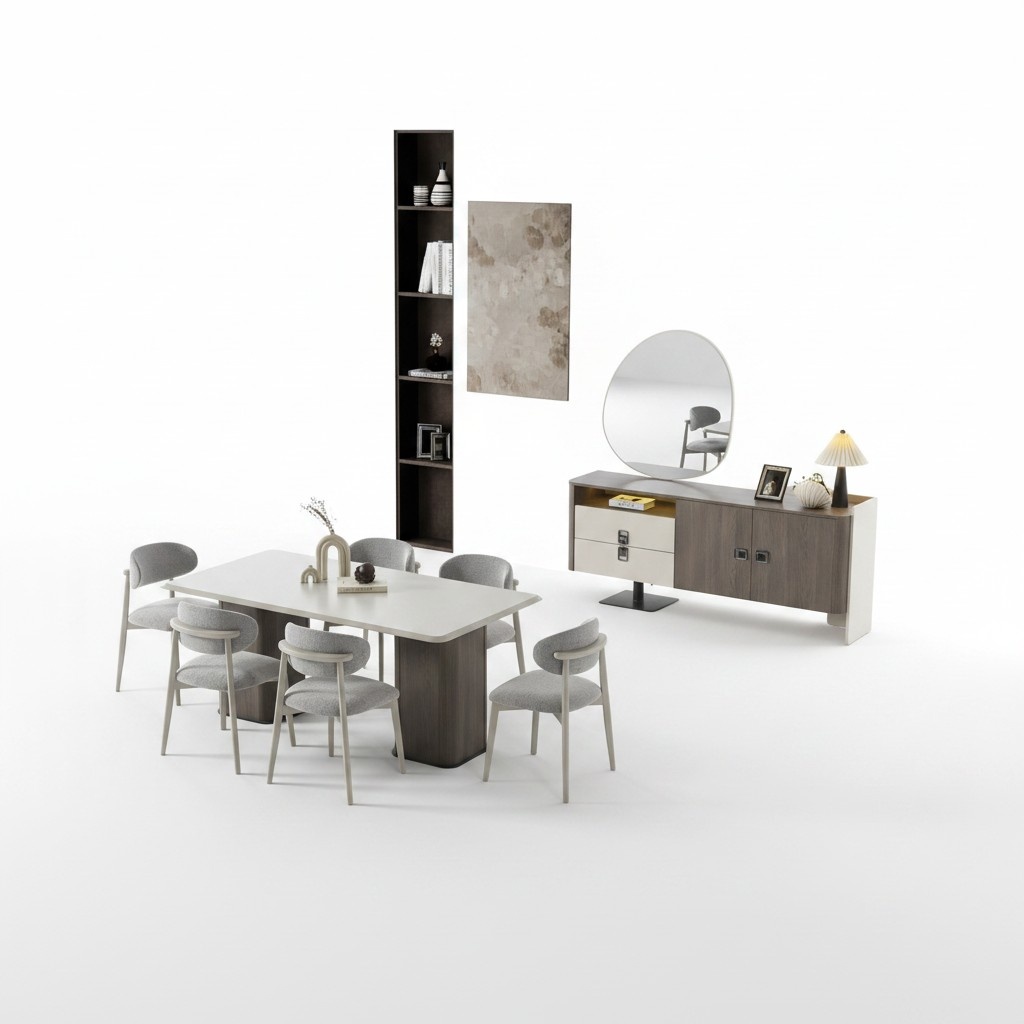 Elegant dining room set made of wood and textile in beige.