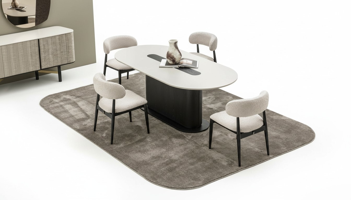 Elegant dining room set made of wood in beige with a modern design.