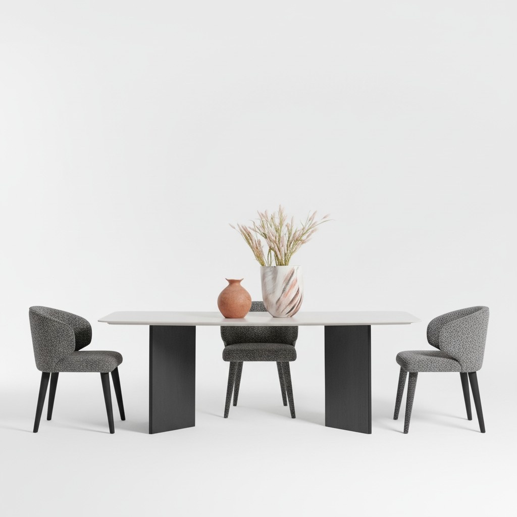 Elegant wooden dining table in beige, modern style.