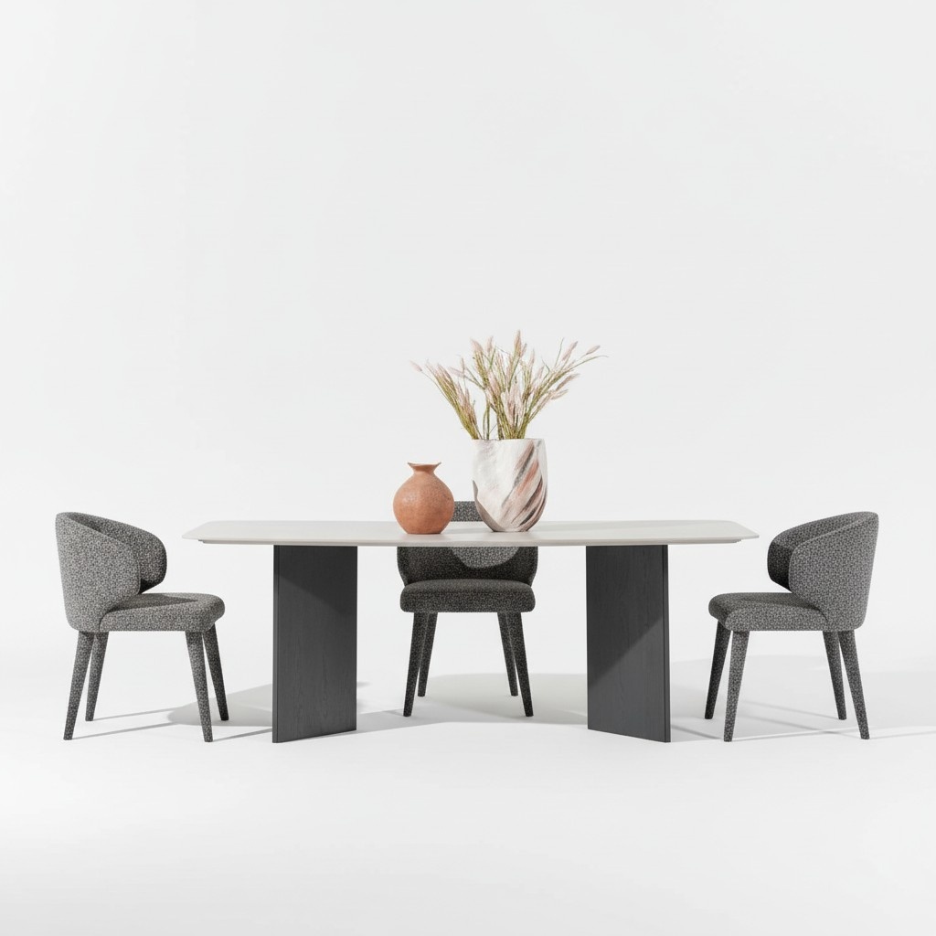 Elegant wooden dining table in beige, modern country house style.