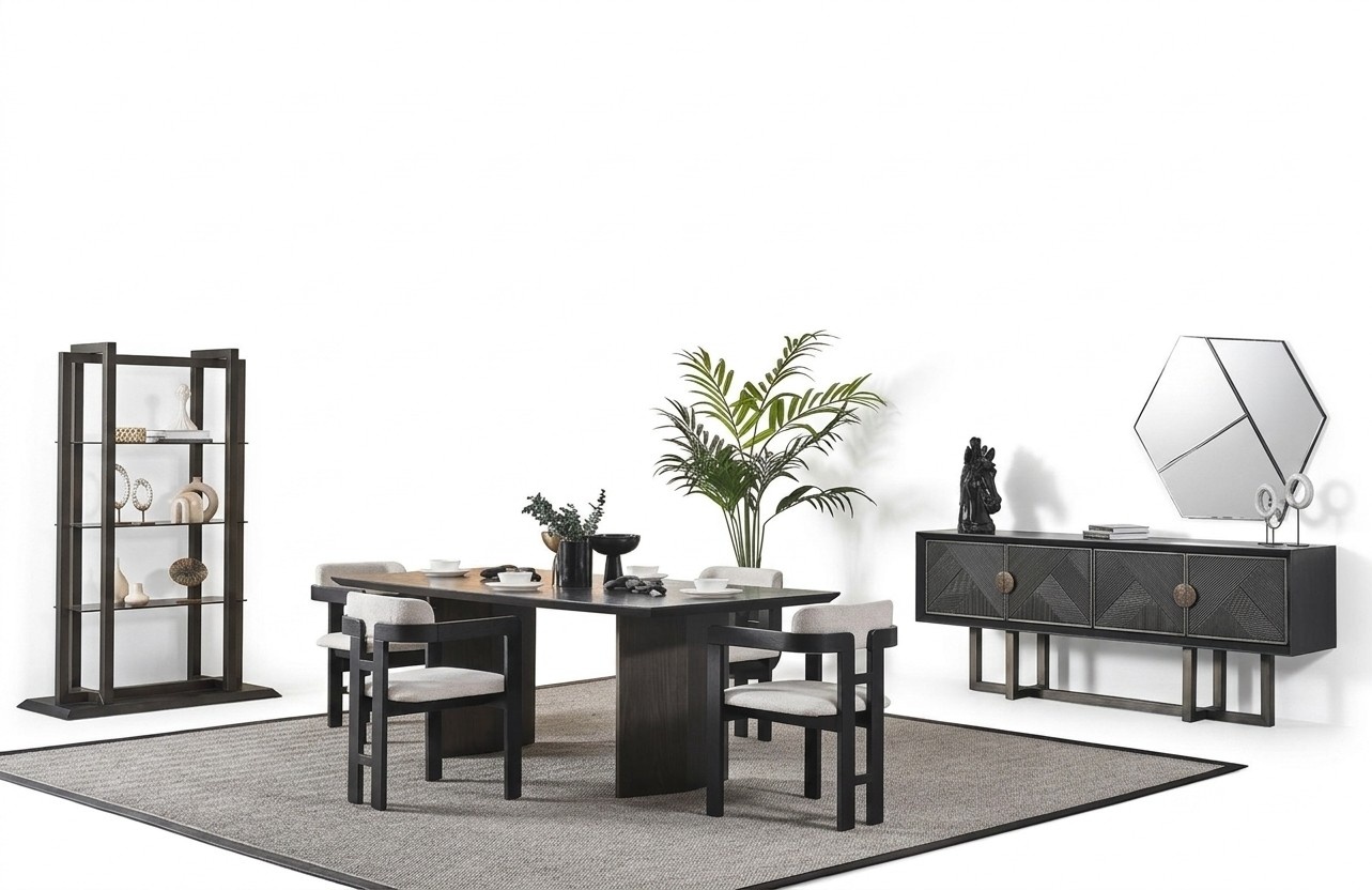 Elegant wooden dining table in brown with 4 chairs, console.