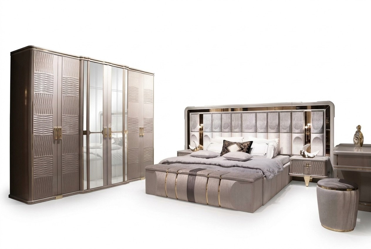 Elegant gray bedroom set made of wood with a modern design.