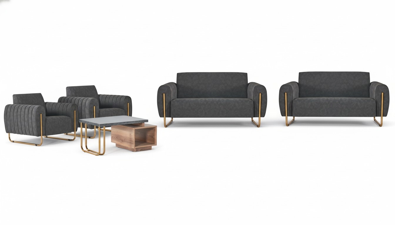 Noble gray office set 2x upholstered two-seater wood coffee table fabric furniture