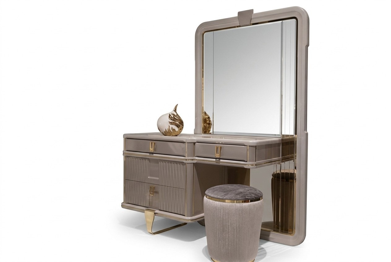 Elegant gray vanity table with mirror and wooden stool.