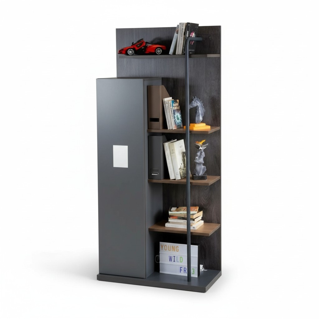 Elegant gray wooden bookshelf in a modern design.