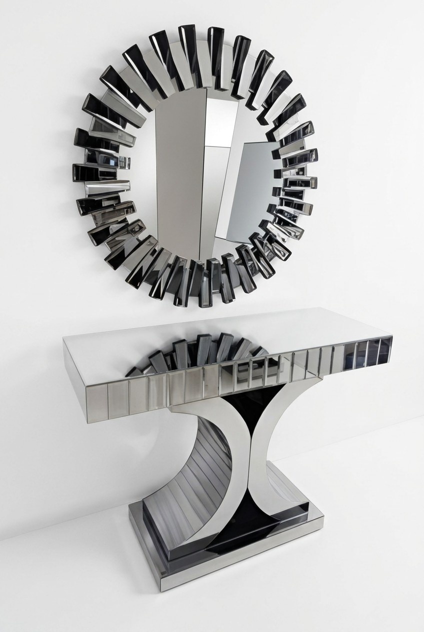 Elegant gray wooden console with mirror for a modern home.