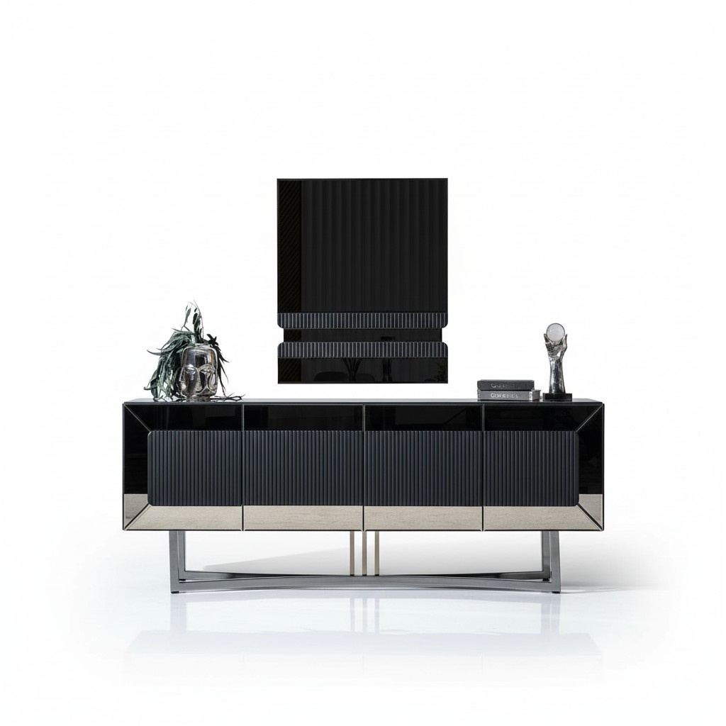 Elegant gray wood sideboard with mirror in modern design.