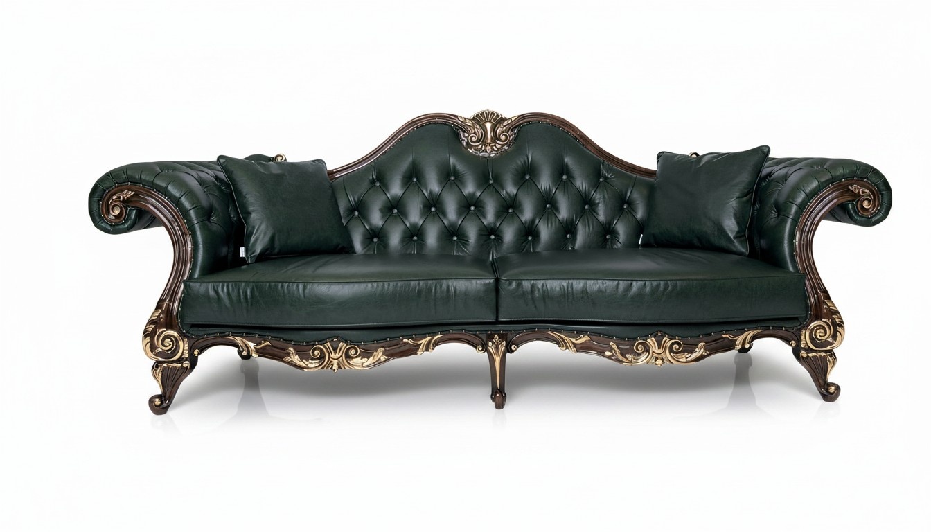 Elegant green leather sofa for a modern office.