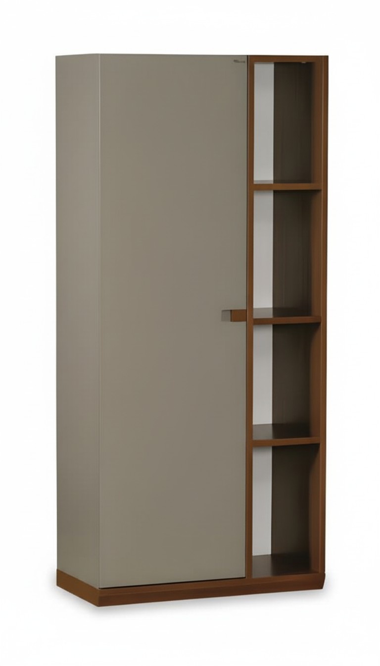 Elegant gray wooden bookshelf in a modern design.