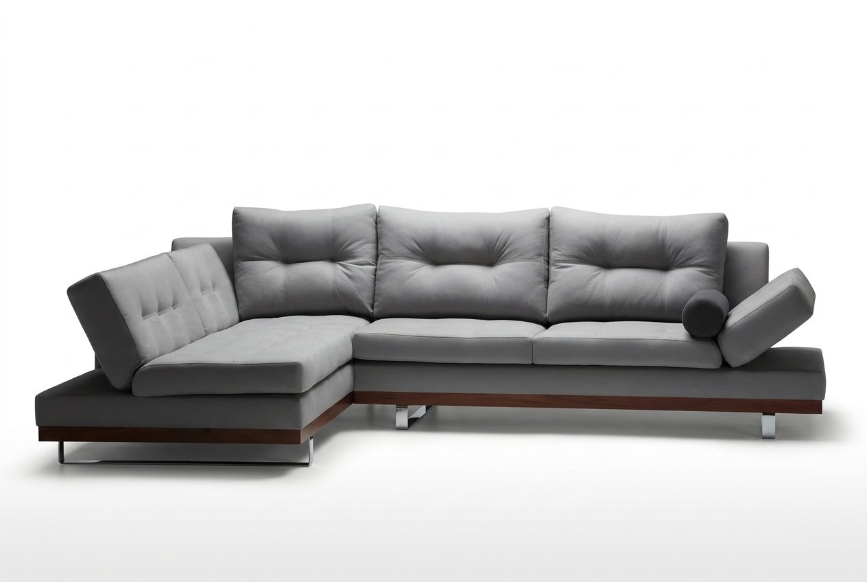 Elegant gray L-shaped corner sofa made of fabric.