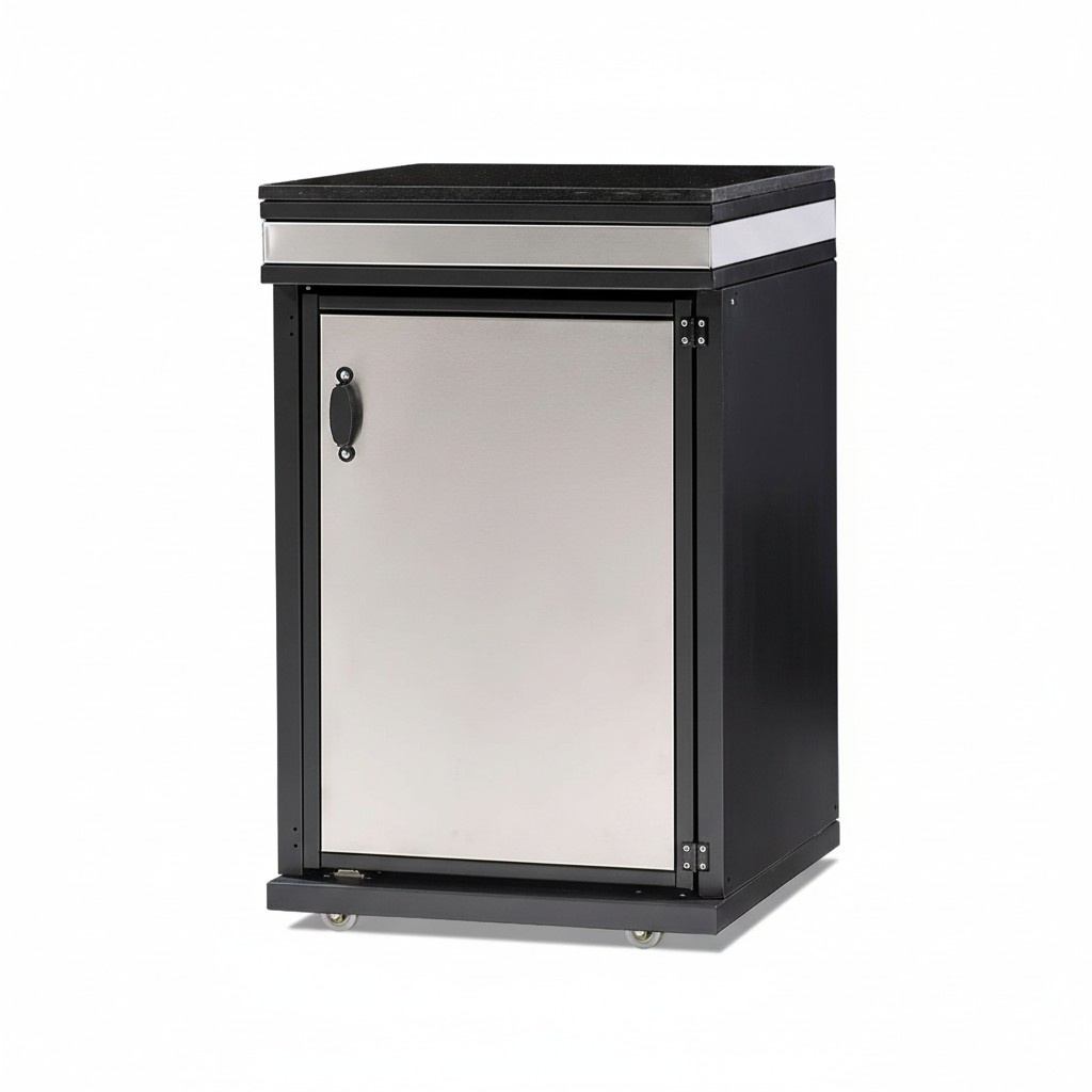 Elegant outdoor kitchen module made of stainless steel in silver.
