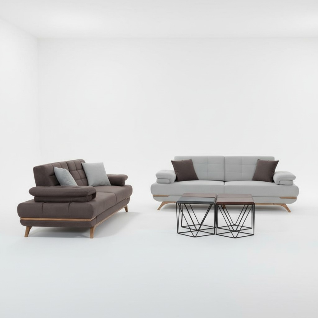 Elegant Sofa Set 3+3 Grey White Upholstery Couch Living Room Modern Wooden Legs