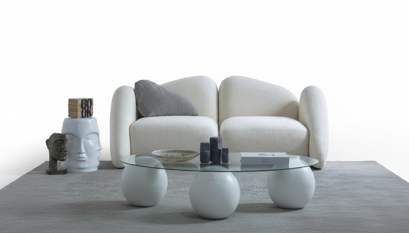 Elegant white 3-seater sofa made of fabric in a modern design.