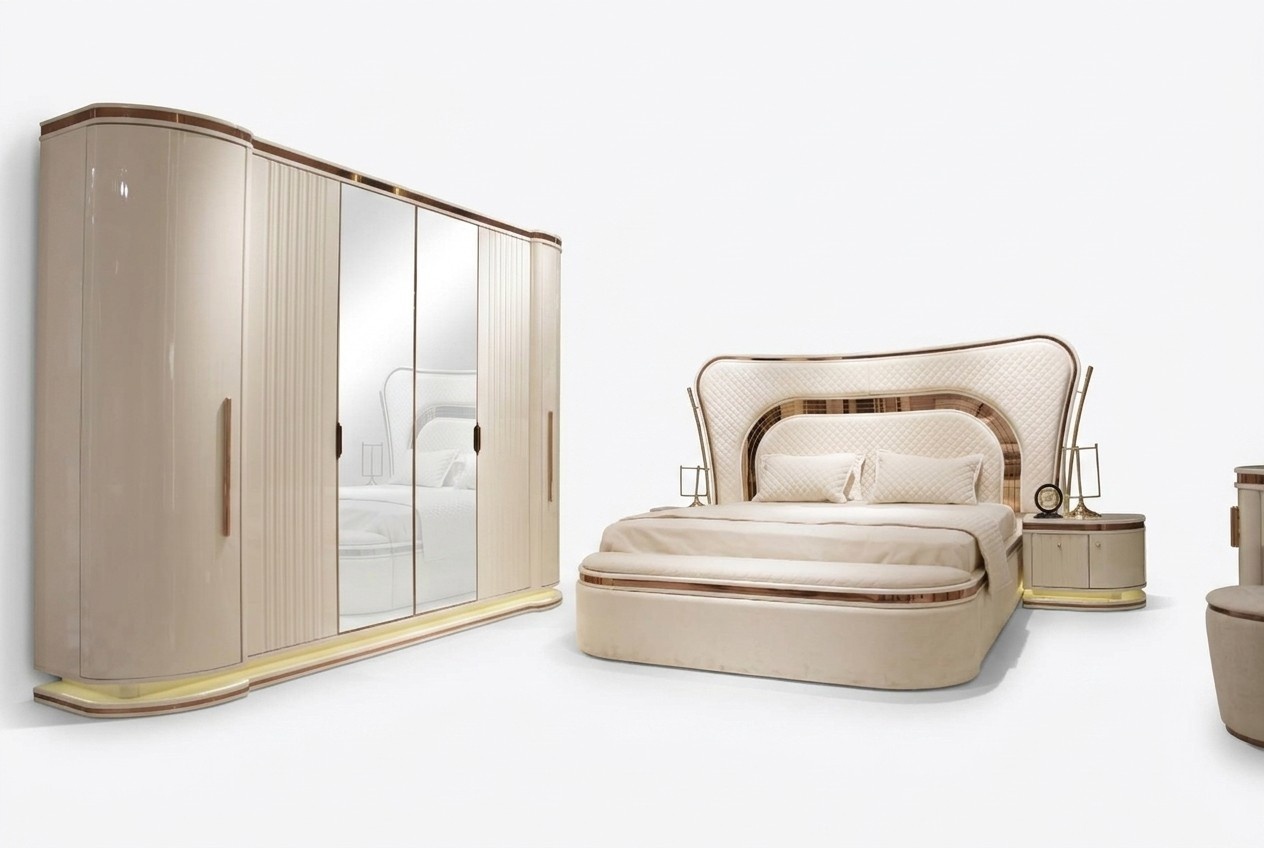 Elegant white wooden bedroom set with modern design.
