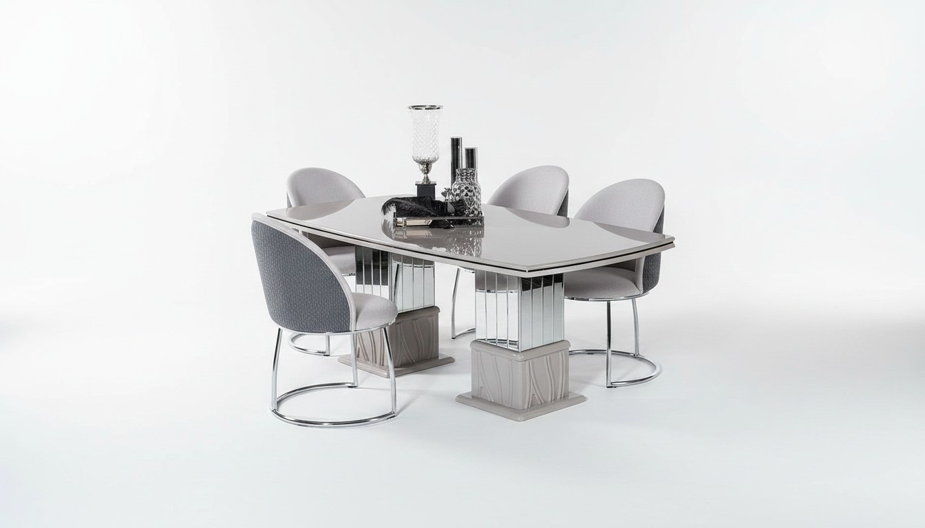 Elegant white dining table and chair set made of wood and metal.