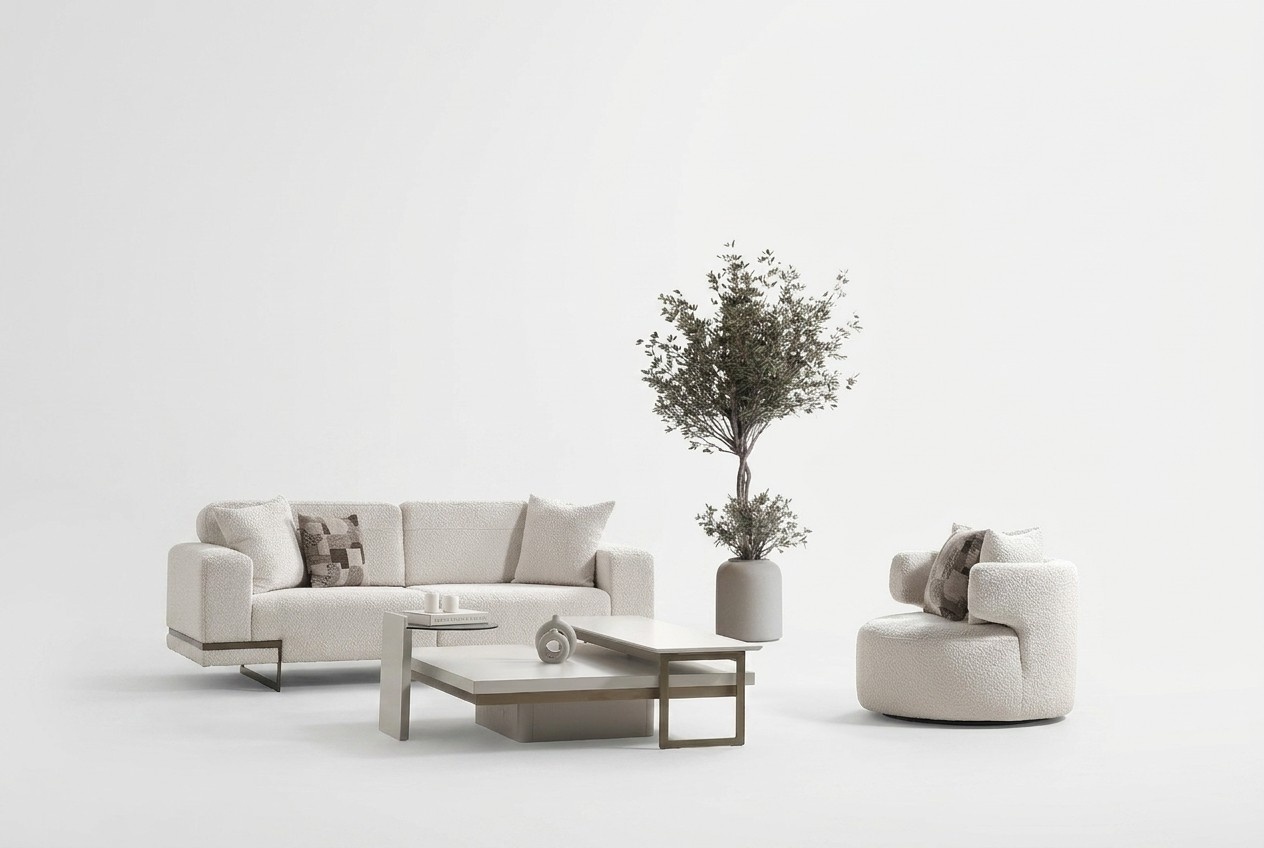 Elegant white fabric sofa with armchair in modern design.
