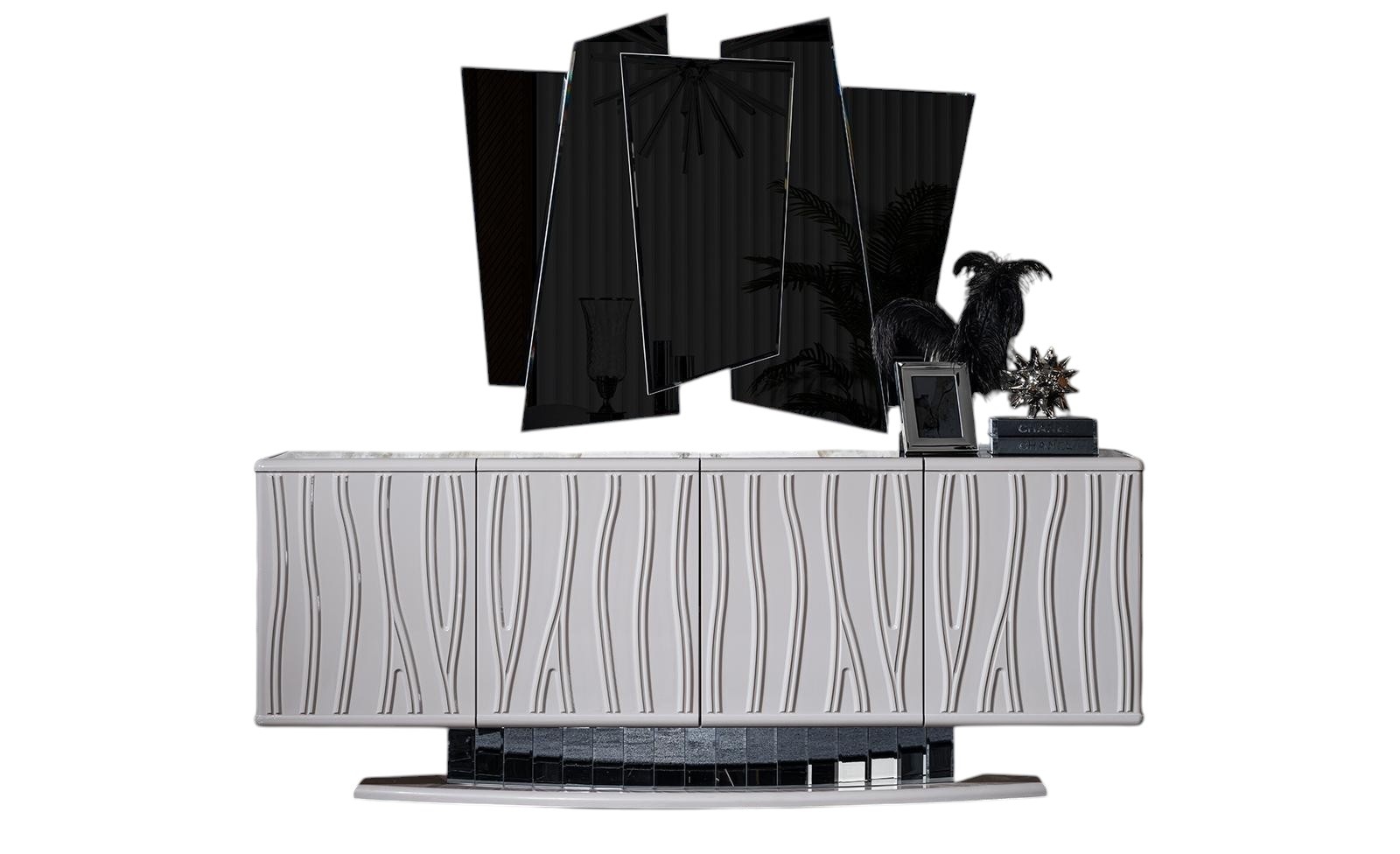 Elegant white wood and glass furniture set for the dining room with sideboard.