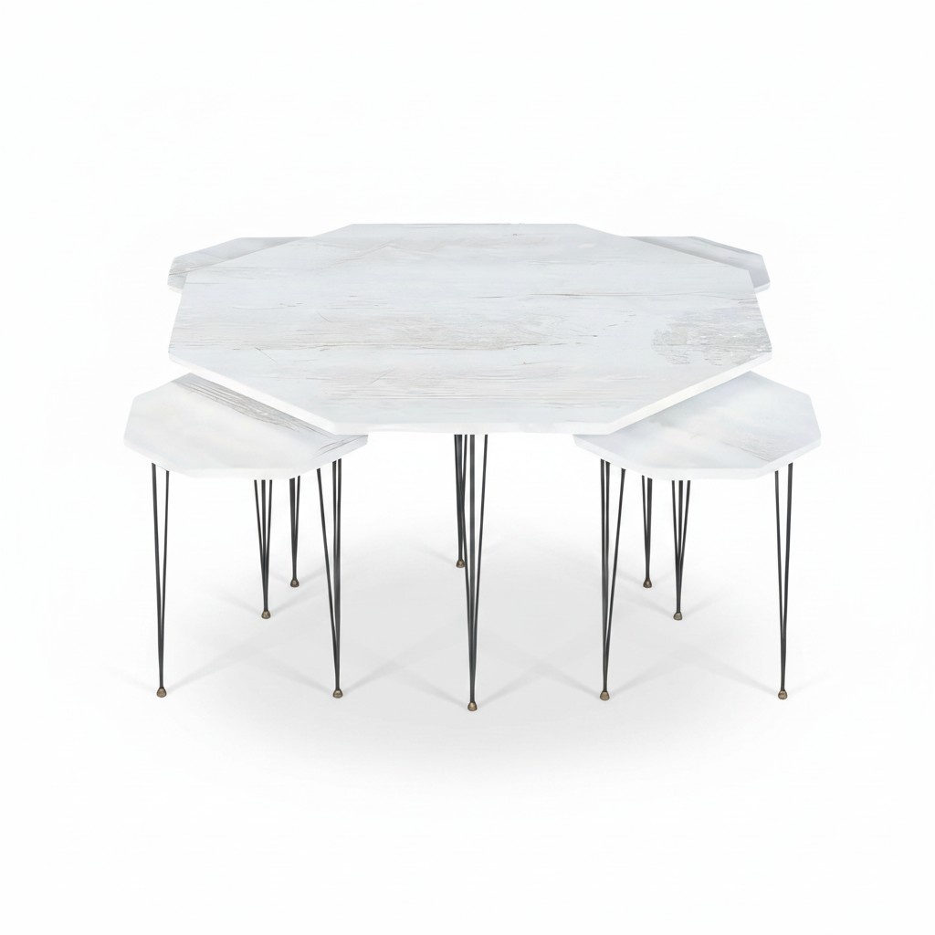 Elegant white wooden coffee table with side tables in modern style