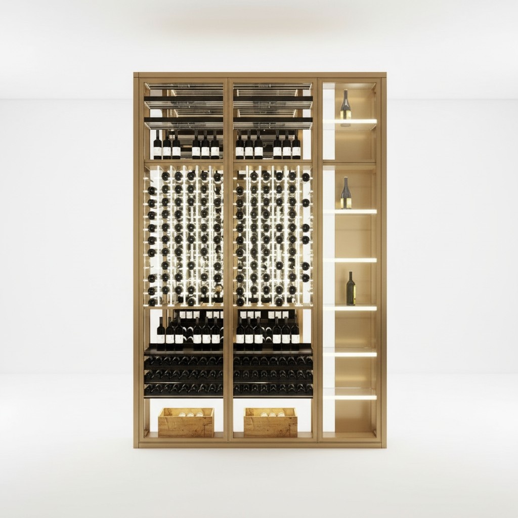 Elegant wine cabinet made of stainless steel in gold with dual temperature zone