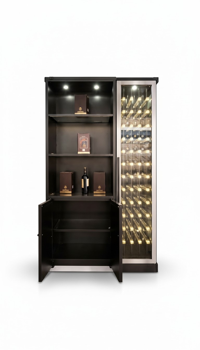Elegant wine cabinet made of stainless steel in black with modern design