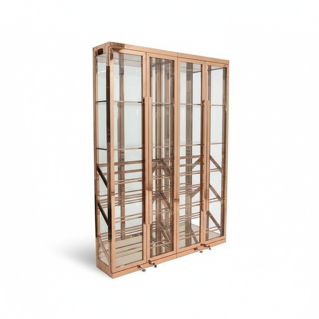 Elegant wine cabinet made of stainless steel in gold with dual-zone cooling