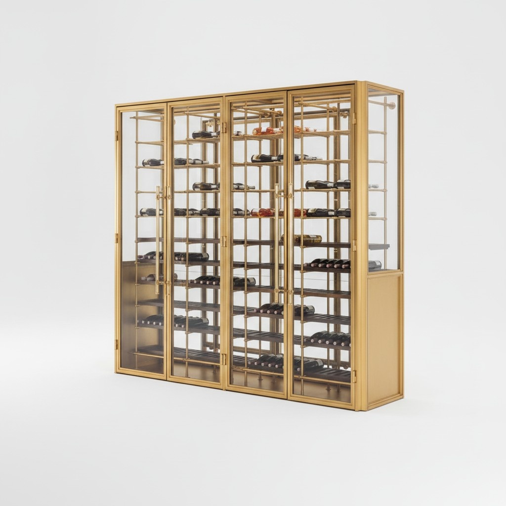 Elegant wine rack made of gold-colored metal for stylish wine storage