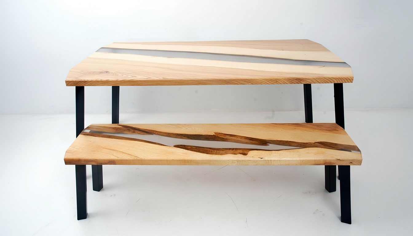 Epoxy Resin Table Bench 2-piece Set Real Wood Waterfall River Tables Group New