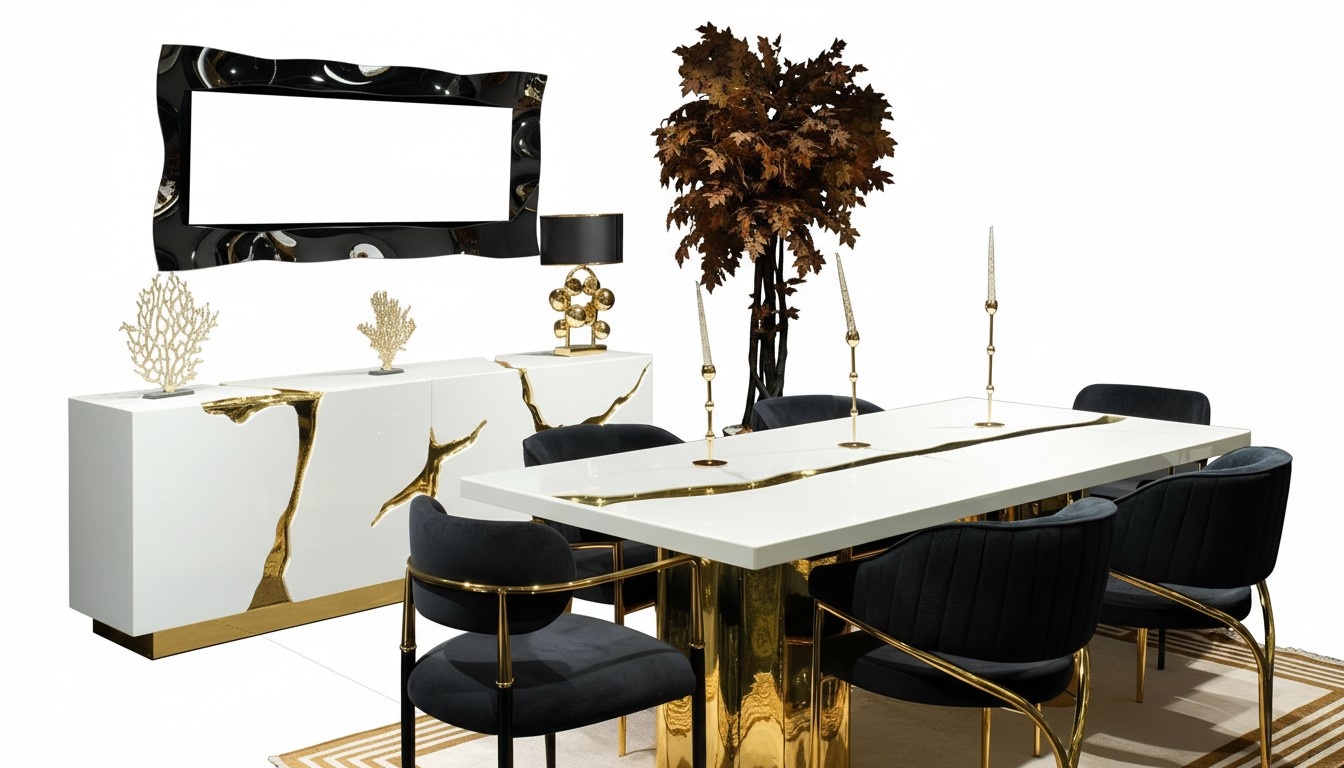 Dining room furniture dining set dining area luxury dining table chairs white 9pcs wood