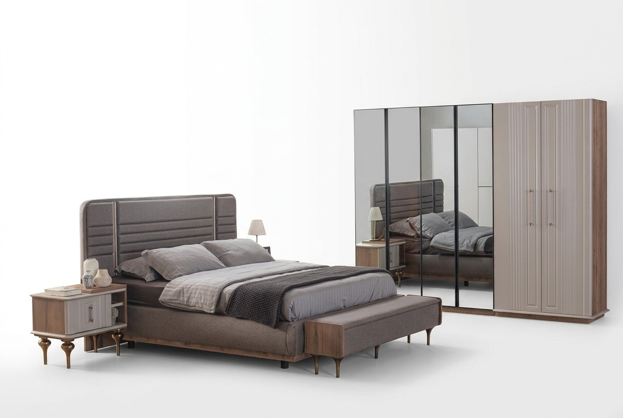 Exclusive Bedroom Bed Glass Wardrobe Wood Bedside Tables 4pc Luxury Set