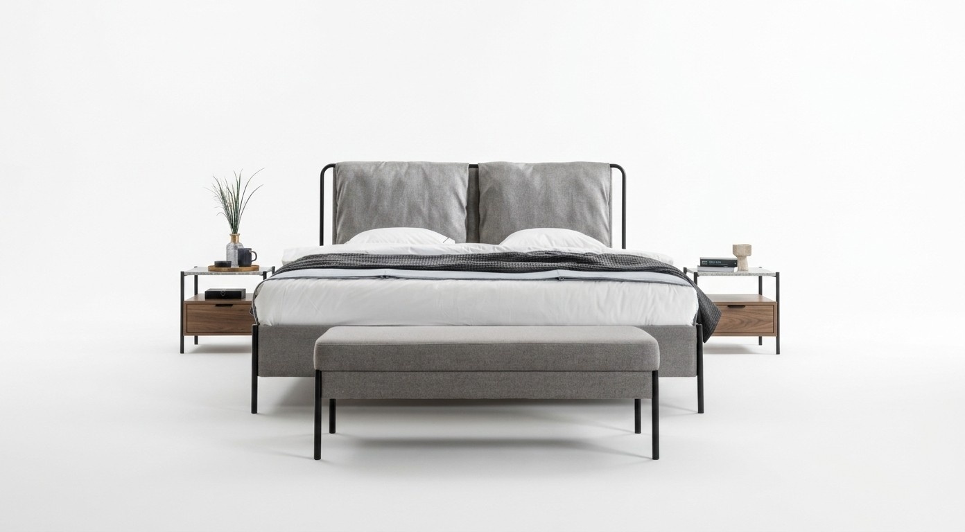 Exclusive bedroom double bed metal frame bench luxury furniture