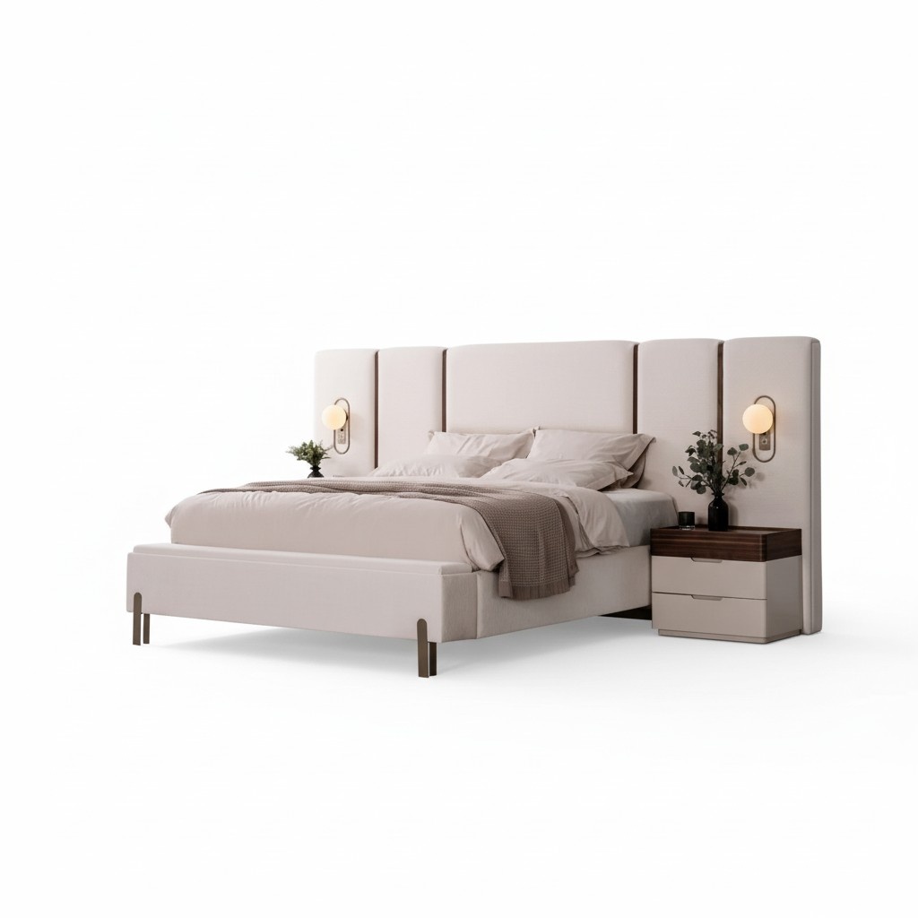 Exclusive bedroom set designer upholstered bed 2x nightstands 3 pieces.