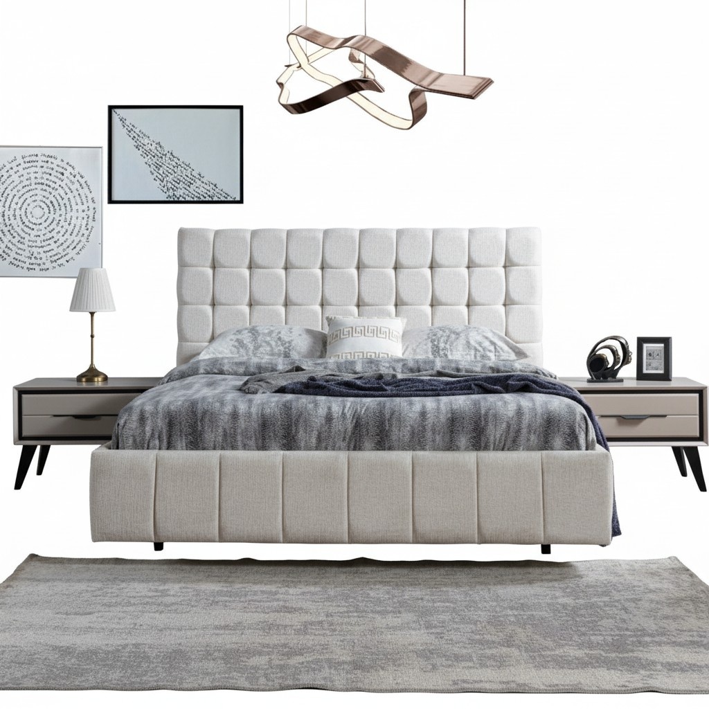 Exclusive Bedroom Set White Double Bed Luxury 2x Wooden Bedside Tables