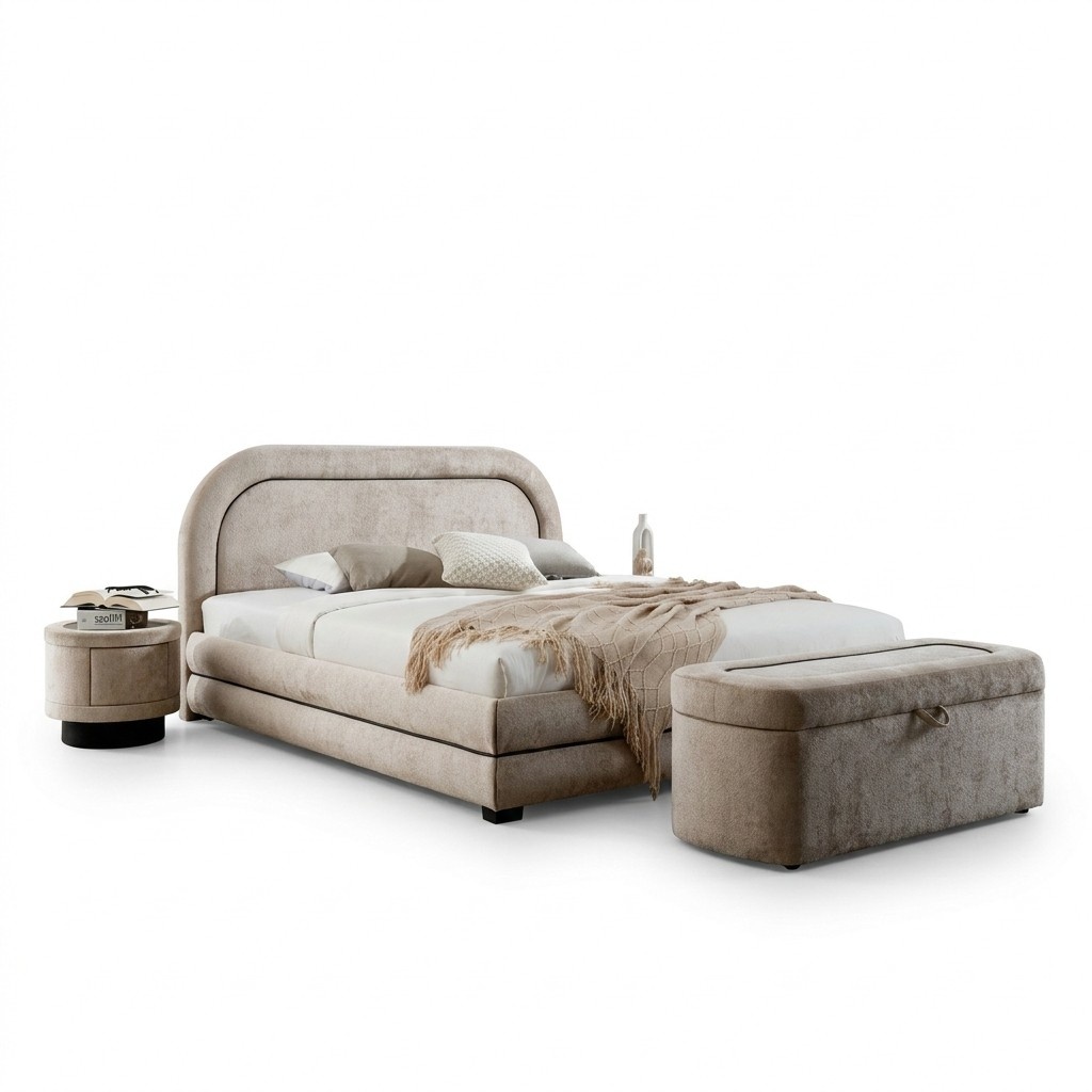 Exclusive beige bedroom suite double bed upholstered bedside tables