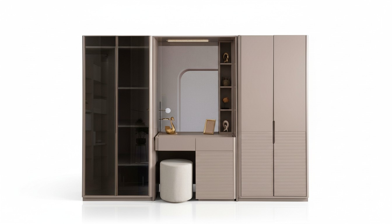 Exclusive Beige Wardrobe Designer Wooden Cabinet Bedroom Furniture